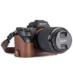 MegaGear MG1124 Estojo Ever Ready, meia capa, estojo de base, capa de couro, de repente, com correia compatível com Sony Alpha A7S II, A7R II, A7 II, castanho escuro