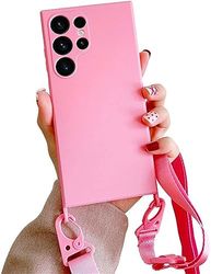Funda para Samsung Galaxy S22 Ultra con Correa de Nailon, Funda de Silicona Suave con cordón Colgante de Moda (Rosa)
