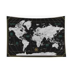 Tapisserie murale à suspendre Capsceoll - Motif carte du monde - 152 x 127 cm - Pour décoration de dortoir - Bleu et jaune 60" L x 50" W noir/blanc