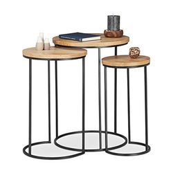 Relaxdays Set 3 Mesas Auxiliares Redondas, Mesas Nido, Madera de Mango-Metal, Marrón Natural-Negro, 3 Tamaños