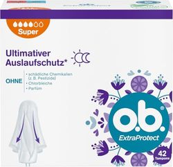 o.b. Tampões extra Protect Super para dias fortes com tecnologia Dynamic Fit e asas de proteção extra para a máxima proteção contra fugas. (1 x 42 unidades)