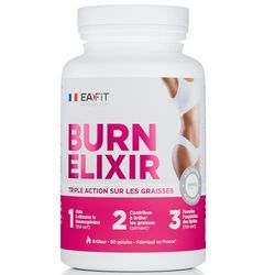 EAFIT MINCEUR - Burn Elixir - Bruleur de graisse puissant - Oxydation des Graisses - Cafeine - Piment - Poivre noir - Chrome - Choline - Thé vert - Adapté au sport - Marque Française - Végétarien - 90 Gélules