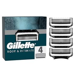 Gillette Body and Intimate Razor Blades Men, 4 Razor Blade Refills with Lubrastrip, Formulated for Pubic Hair, Gentle and Easy to Use, Dermatologist Tested