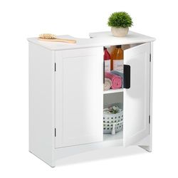 Relaxdays Mobiletto Sottolavabo, Armadietto a 2 Ante sotto Lavandino, Mobile Sifone Bagno, HLP 60x60x30 cm, MDF, Bianco, Ferro, Fibra di Legno