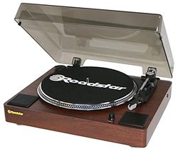 Roadstar TT-260SPK Gira-discos de vinil, 3 velocidades 33/45/78 RPM, altifalantes integrados, saída áudio RCA, AUX IN, auto-paragem, estilo vintage, madeira