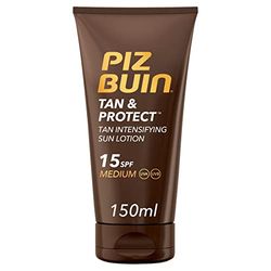 PIZ BUIN Protector Solar en Loción SPF15, Tan & Protect Intensificador de Bronceado de Protección Media, con Protección UVA/UVB, de Rápida absorción, 150 ml