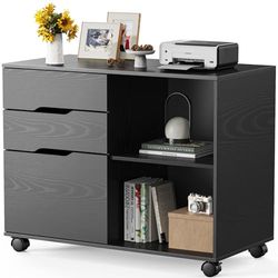 Sweetcrispy Armoire de classement à 3 tiroirs, Armoire de classement Mobile latérale en Bois sous Le Bureau, Organisateur de Rangement avec roulettes, Support d'imprimante et étagères Ouvertes, Noir