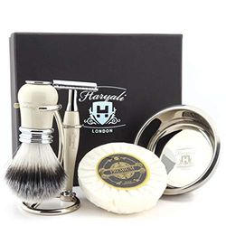 Haryali London - Kit de afeitado para hombre con doble filo de seguridad de afeitado de tejón sintético, soporte, jabón y cuenco