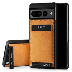 SURAZO Premium Genuine Leather Back Case for Google Pixel 7 Pro - Shockproof Leather Mobile Phone Case Cover with Card Slot, Stand Function, Key Chain, Vintage Camel Slim Bumper Protective Case