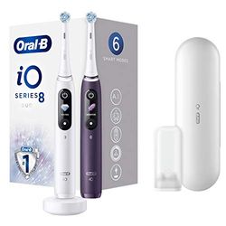 Oral-B iO – 8 – Set di spazzole da denti elettrici ricaricabili, maniche bianche e viola, con tecnologia magnetica rinnovabile, display a colori, 2 spazzolini e 1 custodia da viaggio Premium