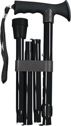 Folding Adjustable Walking Stick with Ergonomic Rubber Handle, 5 Height Settings, Lightweight Aluminum, Wrist Strap, and Non-Slip Tip. Compact for Travel. Supports up to 100kg. Black