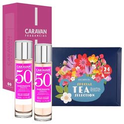 Caravan doftset med 2 damdofter nr 45+ husvagn presentbox + speciellt urval av te med 24 påsar