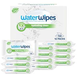 WaterWipes Hydrating Clean Baby Wipes, 720 Count (12 Packs), with 99% Water & Aloe Vera Extract, Wet Wipes for Face & Body