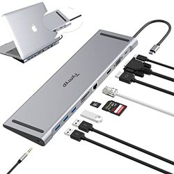 Tymyp USB C Hub Laptop Dockingstation, 10 in 1 Hub LAN RJ45/3 Port 5 Gbps USB3.0/ USB C 5 Gbps/4K HDMI/VGA 60HZ/100W uitgang PD compatibele USB-C poort/TF/SD-kaartlezer/3,5 mm (voor Windows, Mac OS