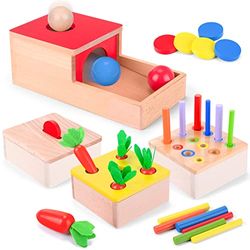 Montessori Houten speelgoed vanaf 1 jaar, 4-in-1 speelgoed, motoriekspeelgoed, voor jongens en meisjes, objectpermanentie, sorteerspel, houten puzzel voor kinderen, Pasen, Kerstmis, geboortedag, nieuw