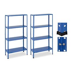 Relaxdays stellingkast, set van 2, HBD 147,5 x 75,5 x 30,5 cm, 160 kg, 4 planken, garage, kelder, voorraadkast, blauw