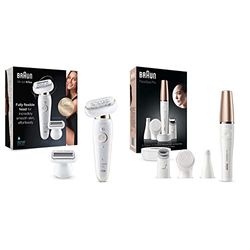 Braun Silk-épil 9 Flex Epilator Hair Removal, with Additional Shaver & Trimmer Head for Extra Sensitive Areas, UK 2 Pin Plug, 9-002, White/Gold & FaceSpa Face Epilator, SE911, White/Bronze