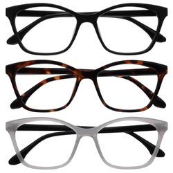 OPULIZE KAT Set di 3 Occhiali da Lettura - Montatura a Occhi di Gatto - Nero, Marrone, Grigio - Uomo e Donna - Cerniere a Molla - RRR59-127 - +2.50