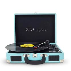 PRIXTON VC400 - Giradischi in vinile vintage, lettore di vinile e riproduttore di musica tramite Bluetooth e USB, 2 altoparlanti incorporati, design di valigetta, colore blu