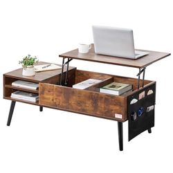 VEVOR Lift Top Salontafel, 100 cm rechthoekige salontafel met extra opbergzakken, pop-up salontafel voor woonkamer, bruin