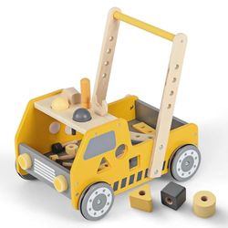 FANTASK Trägåvagn 2-i-1 baby walker, lärahjälp med multiaktivitetscenter och arbetsbänk, löpvagn för barn från 1 år, inomhus