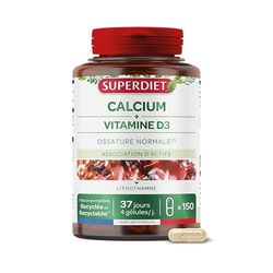 SUPERDIET - CALCIUM + VITAMINE D - Nutrithérapie -Ossature normale-Source de calcium et de vitamie D-Fabrication française-150 gélules