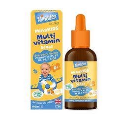 Minadex MinaKIDS Multivitamin Drops – Liquid Vitamins for Children, A, B1, B2, B3, B6, C & D3 (400IU), Vegan, Orange Flavour, 60ml (2-Month Supply), Made in UK