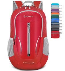 ZOMAKE Ultralichte opvouwbare rugzak, 25 liter, kleine opvouwbare rugzak, wandelrugzak, waterdicht, voor dames en heren, outdoor, wandelen, rood, M