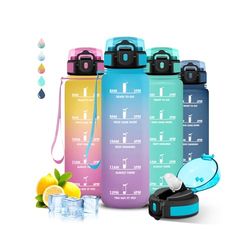 Drinkfles met rietje, 1 l, lekvrij, motiverende drinkfles, gemakkelijk te reinigen, waterfles met tijdschema, veiligheidssluiting, voor fitness, camping, yoga, wandelen