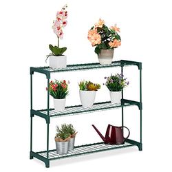 Relaxdays växtstativ, 3 nivåer, förvaring för blomkrukor, inomhus, järn och plast, H x B x D 74,5 x 91 x 28,5, grön, stål, förpackning med 1