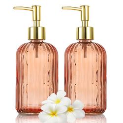 KOOSREEL Distributeur Savon, Lot de 2 flacons de Savon en Verre Polyvalents Anti-Goutte de 500 ML - Distributeur de Liquide Rechargeable pour Salle de Bain, comptoir, Cuisine, buanderie - Ambre
