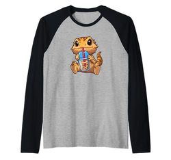 Tiny Dinosaur Bubble Boba Tea Bearded Dragon Lover Maglia con Maniche Raglan