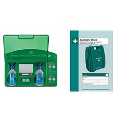 Reliance Medical REL919 Complete Emergency Eye Wash Station with 20ml Pods/500ml Bottles/Eye Pads/Mirror Bundle with Safety First Aid Group Accident Book A4