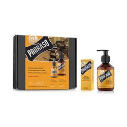 Proraso Kit de cuidado barba hombre Wood & Spice (pack dúo), lujoso set de regalo para el cuidado de la barba con champú y aceite para la barba, aroma de comino y azafrán, Made in Italy