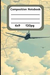 Skyward Logbook: Vintage Aviation Maps, Plane Blueprints & Cloudscapes Lined Notebook – 120 Pages, Sky Blue and Cream