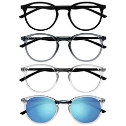 OPULIZE Met 4 Pack Reading Glasses With Reading Sunglasses Large Round Black Grey Clear Mens Womens RRRS60-17CC +2.00