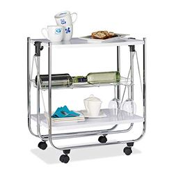 Relaxdays Garçonete dobrável para cozinha com 4 rodas, cesto de grelha e 2 bordas, aço, branco, 68,5 x 68 x 40,5 cm