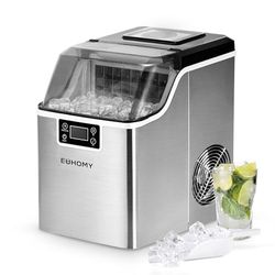 EUHOMY Máquina de cubitos de hielo de acero inoxidable, 24 cubitos de hielo en 13 minutos, 24 kg/24 h, máquina de hielo autolimpiable de 3,2 L con pala de hielo y cesta para casa/cocina/oficina/bar/RV