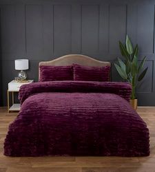 Rapport home Chunky Ribbed Premium Luxury Faux Rabbit Fur Duvet Cover Set Single Burgundy Soft and Warm Fluffy Bedding Set