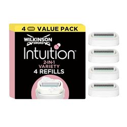 Recharges de lames de rasoir pour femmes Wilkinson Sword Intuition 2-en-1 Ultra Moisture, rasage, enrichi au beurre de karité, rasoir pour la routine de soin, pack de 3 recharges + 1 gratuite