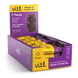 Vitl Focus Bar 15 x 40g - Chocolate Brownie Flavour Vitamin & Protein Bar - 14g Protein with 5 Vitamins & Minerals - Folic Acid & Vitamin B6 Reduce Fatigue - Iron & Zinc Support Cognitive Function