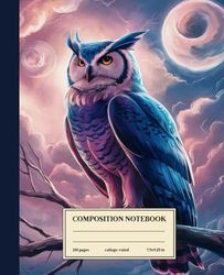 Composition Notebook College Ruled: Anime Owl: Vintage Illustration of a Blue and Purple Owl