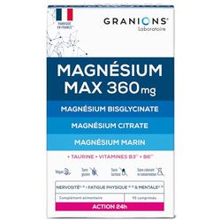 GRANIONS MAGNESIUM MAX 360 - Magnesium Bisglycinate, Magnesium Marin, Citrate de Magnesium - Complement Alimentaire Anti Stress - Vitamine B6, Fatigue Stress - Action 24H - 90 comprimés - 1 MOIS