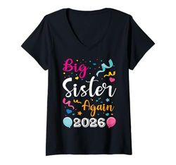 Womens Big Sister Again 2026 Baby Announcement Sibling Girls Kids V-Neck T-Shirt