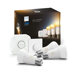 Philips Hue Starterkit - 3 Lampen - E27 - Warm tot Koelwit Licht - 1100lm - 1 Smart Button - Inclusief Hue Bridge - Dimbaar - Verbind met Bluetooth of Hue Bridge - Werkt met Alexa en Google Home