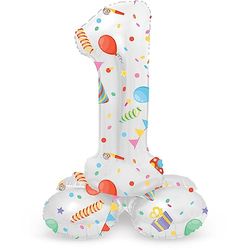 Folat 63961 Standing 1 Joyful Party White with Gifts 72 cm Birthday Decoration, Balloon Number, No Helium Required, Multicoloured, Standard Size