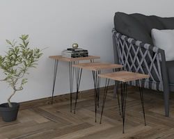 Hanah Home Stijlvolle nesttafelset (3 stuks), zwart & Atlantic Pine, 40 x 55 x 40 cm, 100% melamine gecoat, 18 mm dik, ijzeren poten, ideaal voor moderne woonruimtes