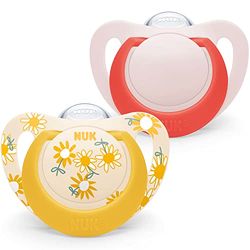 NUK Star Baby Lot de 2 tétines en silicone sans BPA - 18 à 36 mois - Apaise 99% des bébés - Motif fleurs jaunes