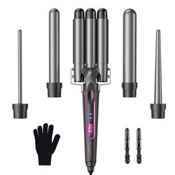BESTOPE PRO Ensemble de bigoudis en fer ondulé 5 en 1 - bigoudis 3 barils pour grandes boucles sans boucles en céramique avec différents accessoires Réglage de la température, Gris