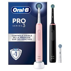 Oral-B Pro 3 3900N, Lot de 2 Brosses À Dents Électriques, Contrôle De La Pression Pour Protéger Les Gencives Sensibles, Brossettes Rondes Et Douces, 3 Embouts De Rechange, 1 Chargeur, Rose Et Noire